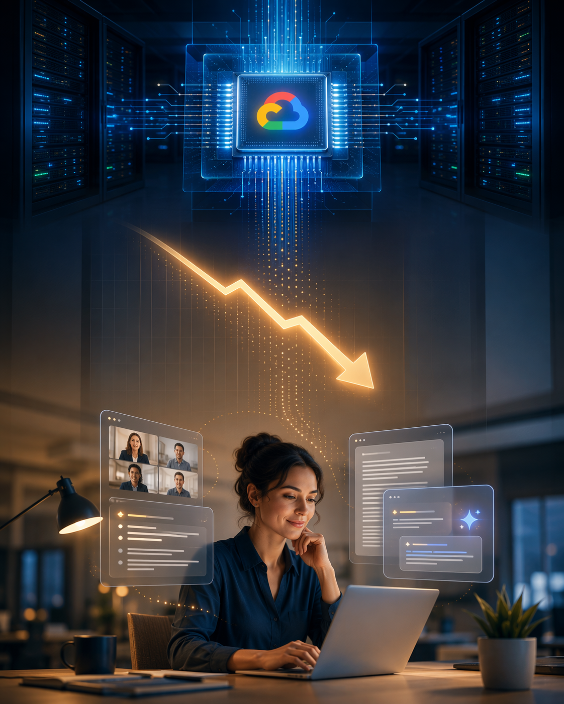 Conceptual chain from TPU infrastructure to lower AI tool costs and a knowledge worker using productivity software