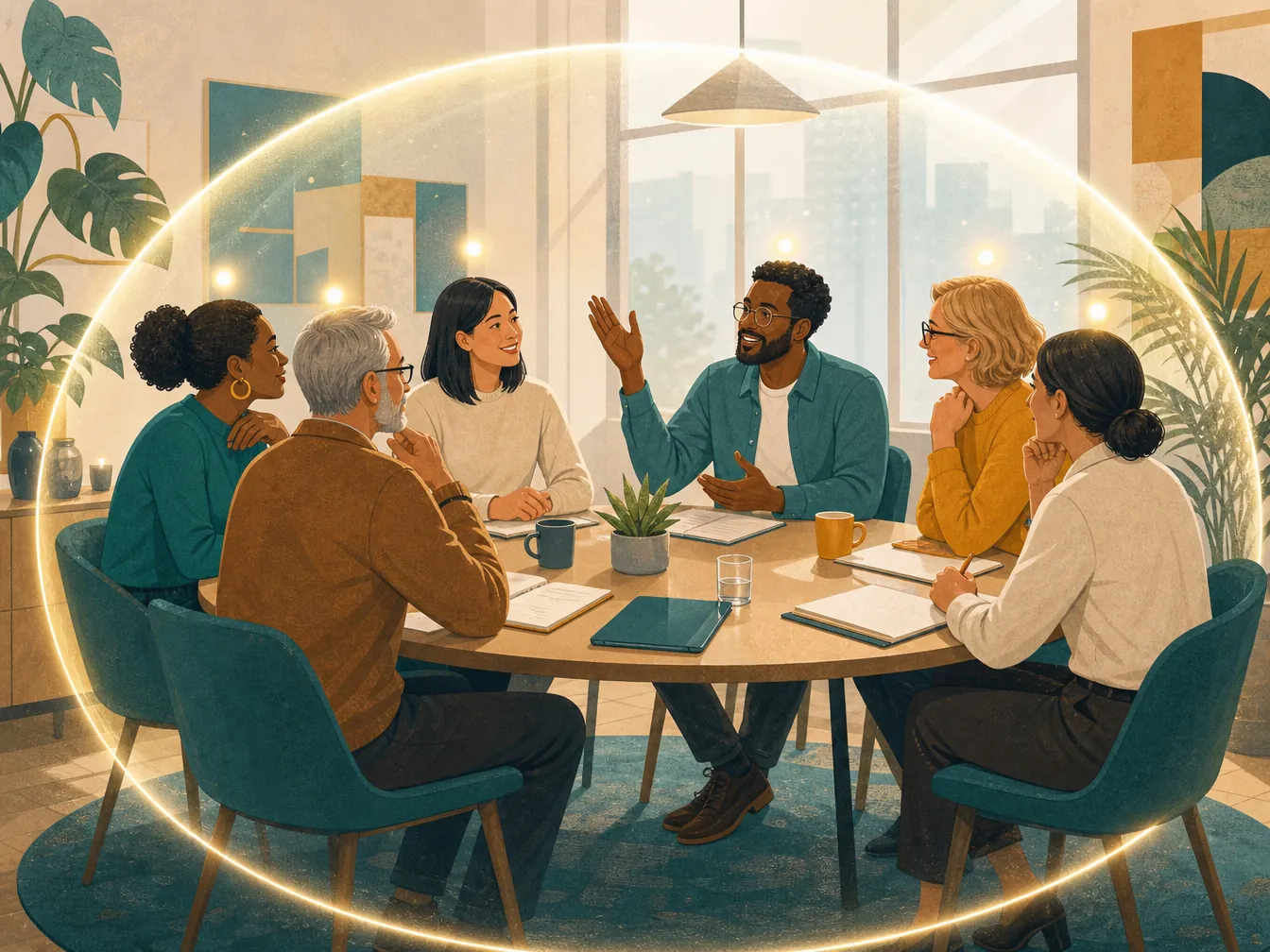 Colleagues seated around a round meeting table with one person speaking and others listening inside a soft protective circle