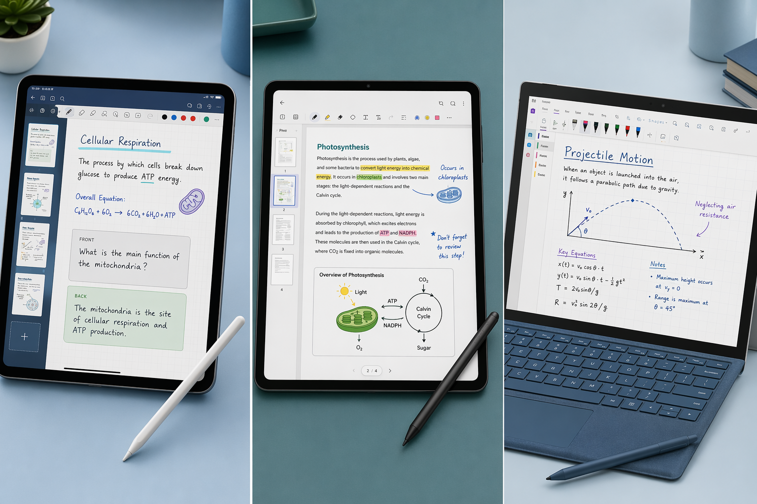 A triptych editorial illustration showing three stylus-device scenarios side by side: left panel an iPad with Apple Pencil displaying a note-taking app interface with handwritten notes and flashcards, center panel a Samsung Galaxy Tab with S Pen showing a PDF annotation screen, right panel a Microsoft Surface with Surface Pen showing a mixed handwriting and typed notes canvas.