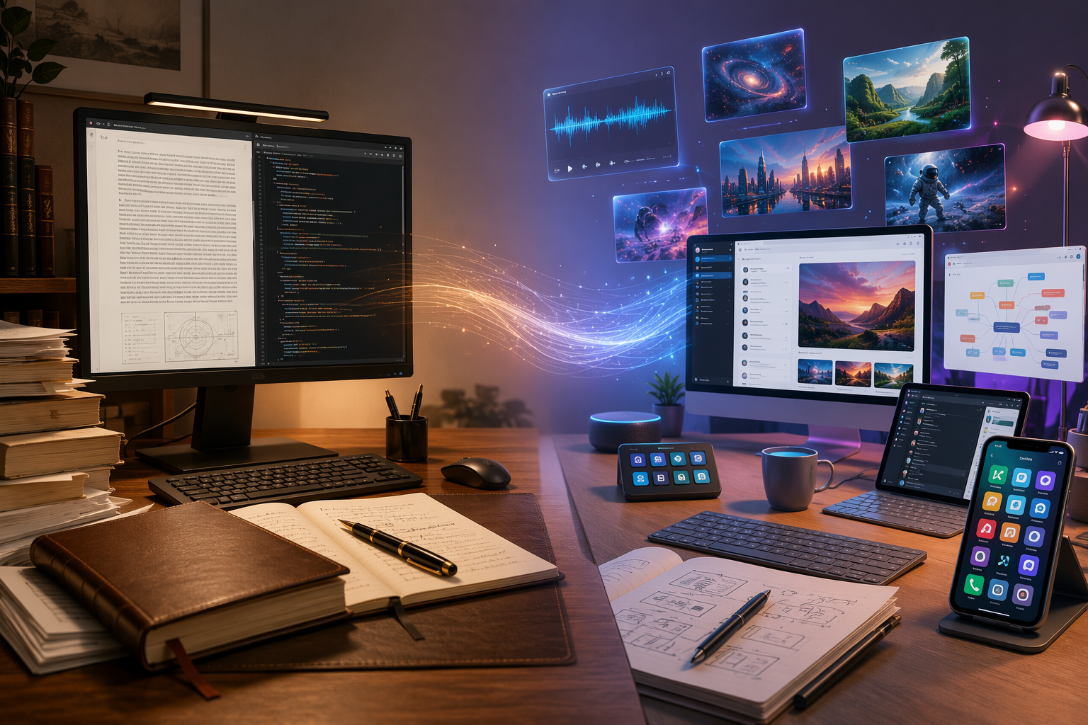 Two contrasting productivity workstations showing document-heavy deep work on one side and multimodal collaborative tasks on the other