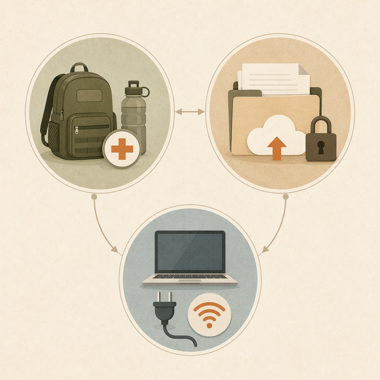 Three connected preparedness areas: go-bag essentials, cloud-backed documents, and laptop power continuity