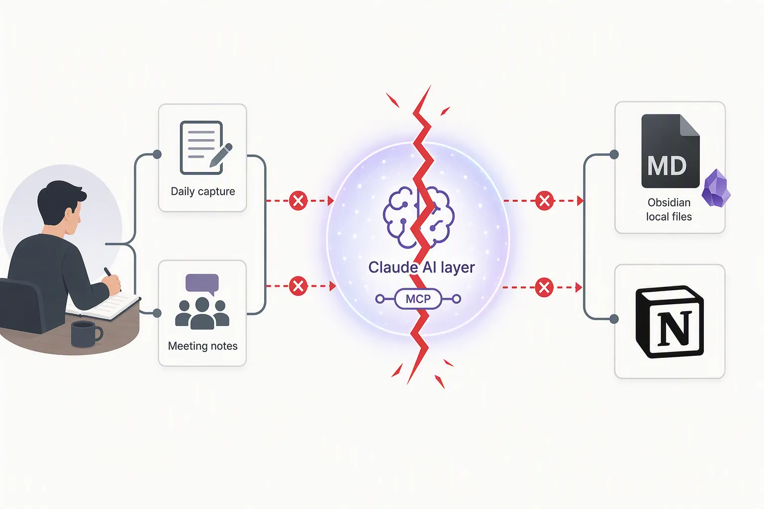 Flow diagram showing daily capture and meeting notes feeding through an MCP AI node to Obsidian and Notion with a broken link at the AI layer