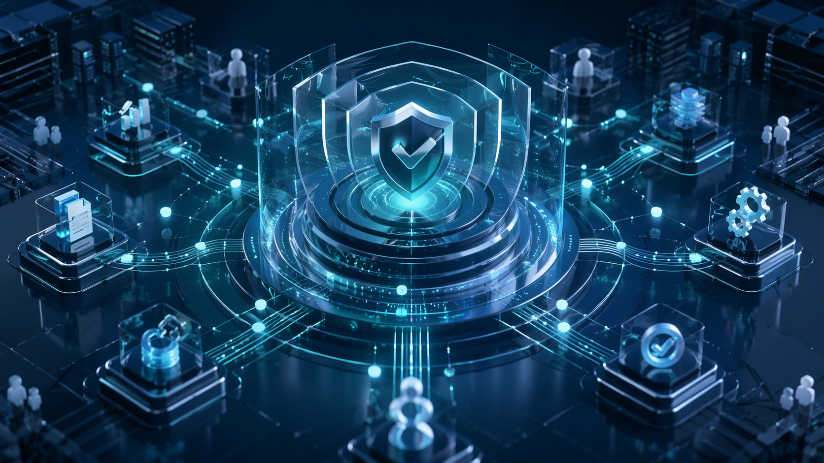 Central automation control hub protected by layered security shields and connected workflow nodes