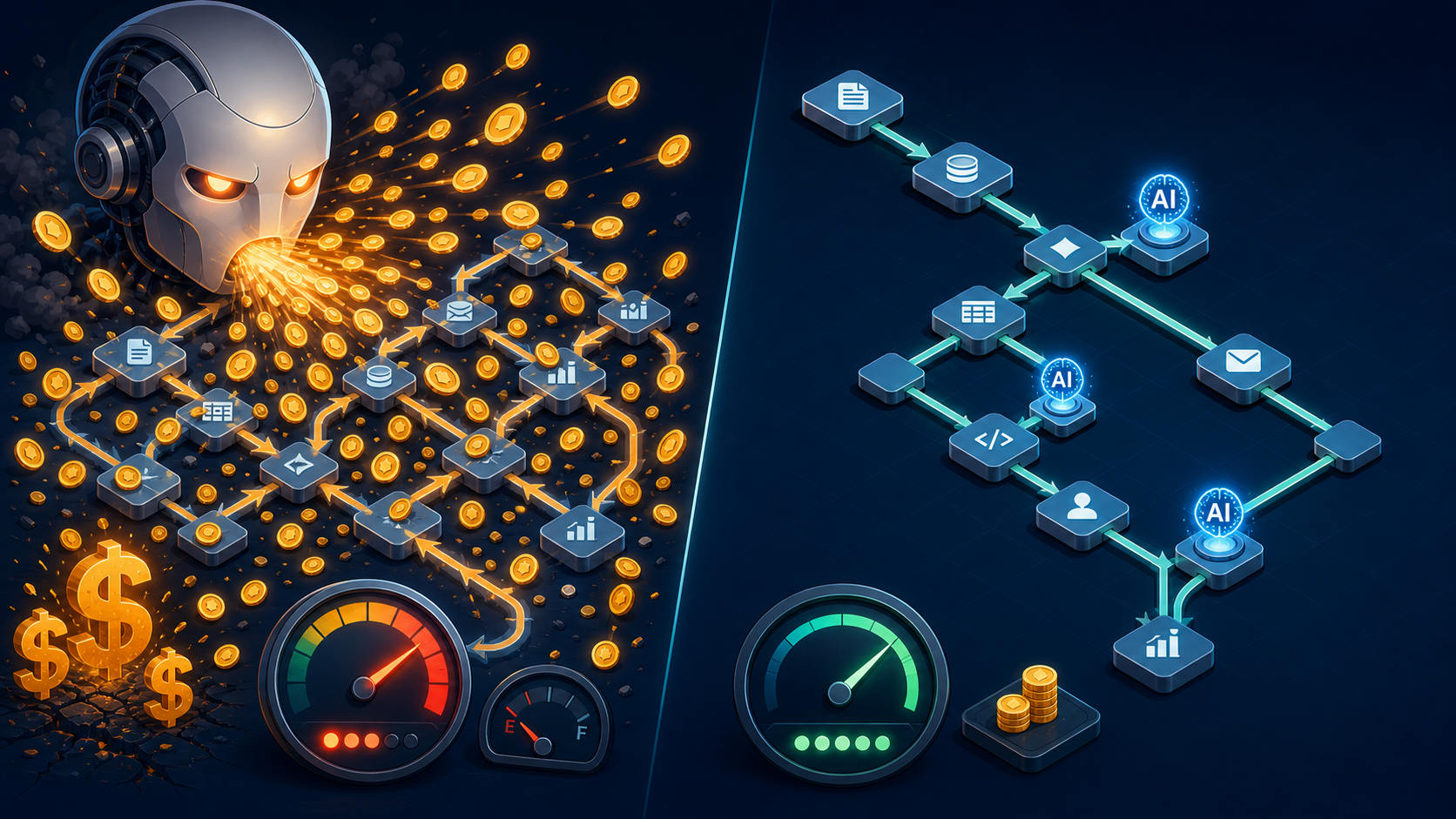 Split illustration comparing a token-hungry agent approach with multiple coin icons on the left against a surgical deterministic AI approach with targeted nodes on the right.