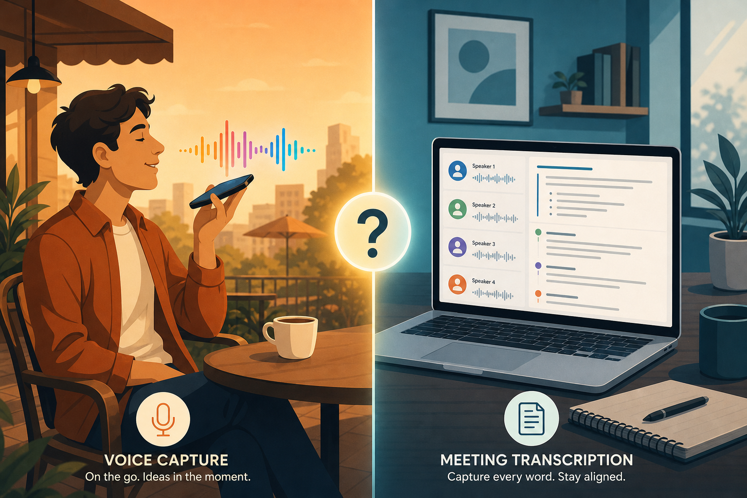 Split-composition flat illustration. Left side shows a person sitting outdoors speaking into a smartphone with a colorful waveform floating above the screen, representing personal voice capture. Right side shows a laptop displaying a meeting interface with multiple speaker labels, representing meeting transcription. A central divider with a glowing question mark separates the two scenes. Warm amber-to-teal gradient background.