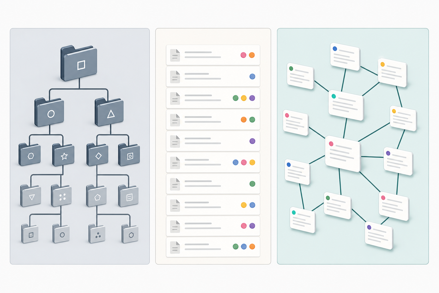 Three side-by-side panels showing different note organization approaches: a nested folder tree, a flat list of note cards with tags, and an organic web of linked notes.