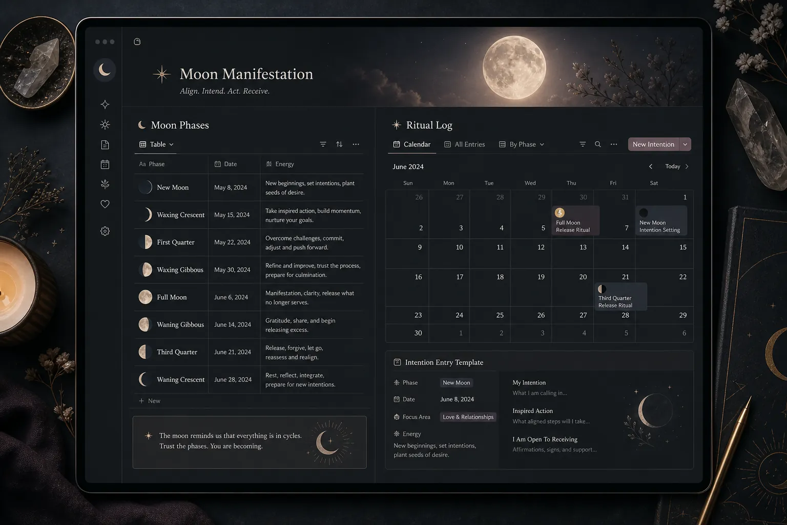 Notion workspace showing Moon Phases and Ritual Log databases in dark mode