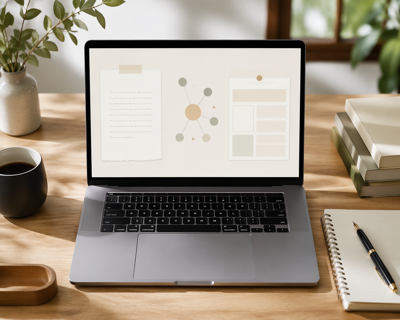 MacBook on a desk with abstract note-taking elements on screen