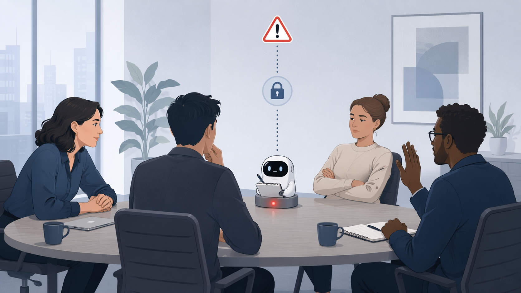 Conference room with a visible robotic note taker, recording indicator, privacy lock, and warning symbol
