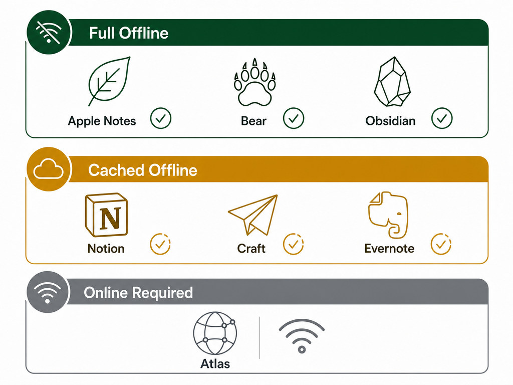 A clean editorial infographic showing three tiers of offline capability: top tier 'Full Offline' with Apple Notes, Bear, and Obsidian icons and checkmarks in green; middle tier 'Cached Offline' with Notion, Craft, and Evernote icons with partial checkmarks in amber; bottom tier 'Online Required' with an Atlas globe icon and wifi symbol in gray.