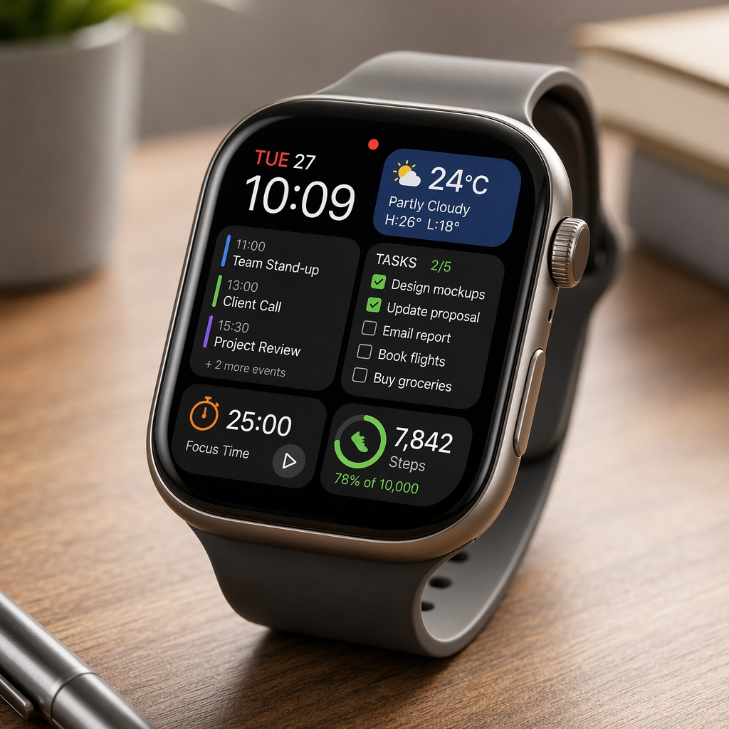 Close-up smartwatch showing a dense dashboard with calendar, weather, tasks, and step information