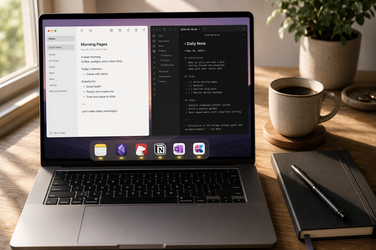 A clean macOS desktop workspace with an open MacBook showing a split-screen view of two note-taking apps. The dock displays six app icons with subtle glowing indicators beneath them.