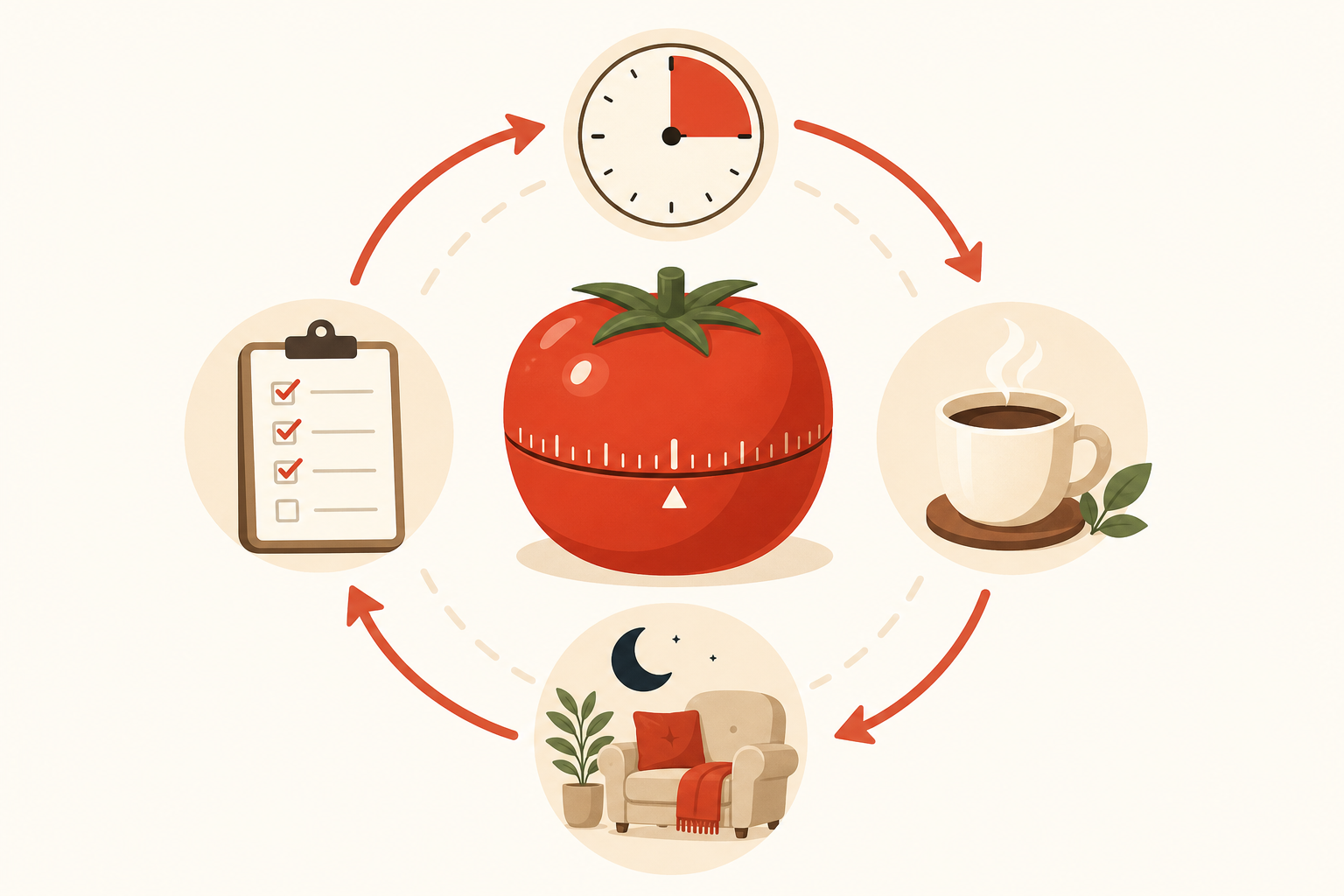 A flat vector illustration centered on a tomato-shaped kitchen timer, surrounded by a circular workflow: a to-do list, a clock showing 25 minutes, a coffee cup break icon, and a moon rest icon, all in warm tomato-red and neutral cream tones.