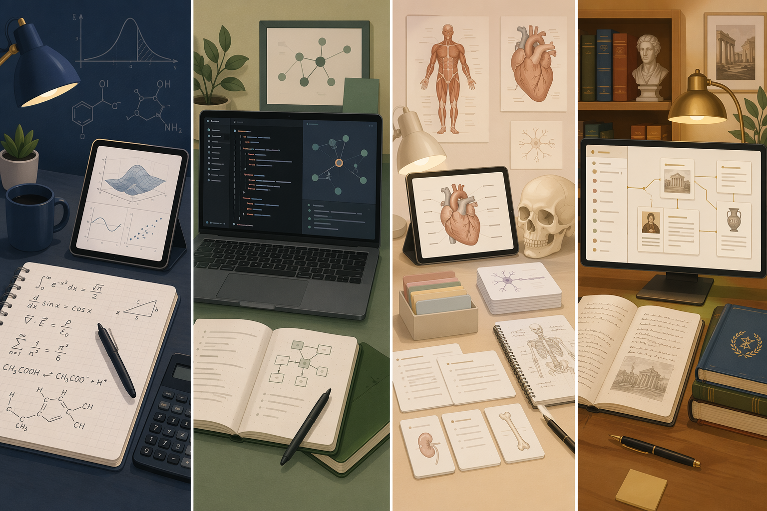 Editorial illustration split into four panels showing note-taking styles across STEM, computer science, pre-med, and humanities.
