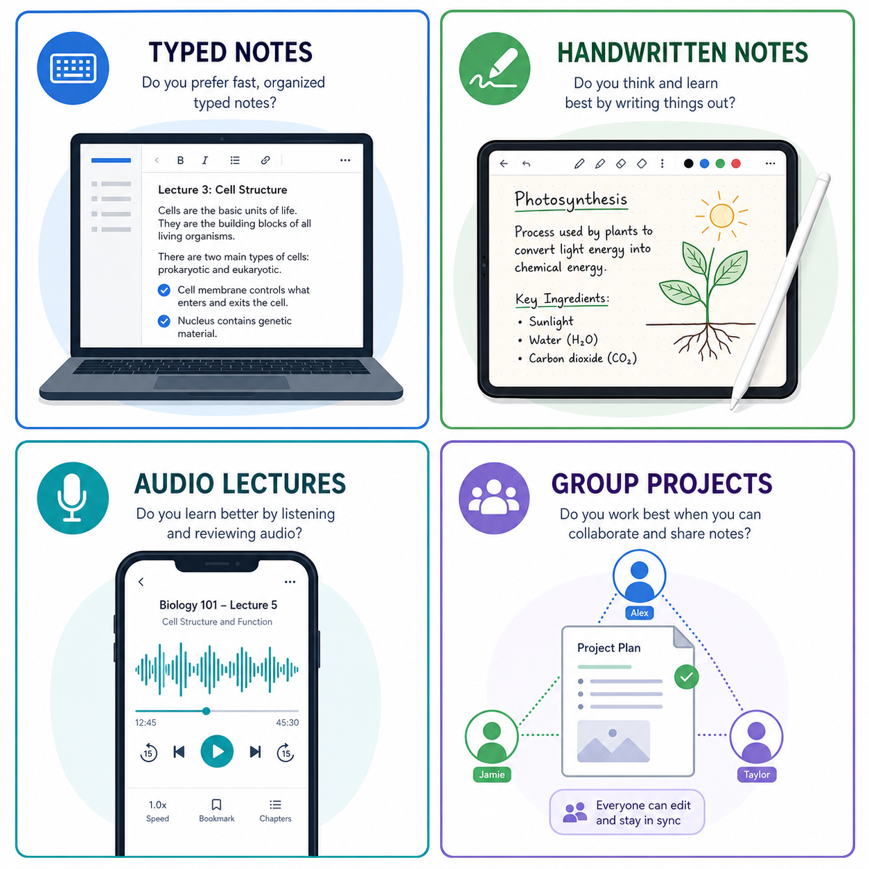 A split-screen infographic showing four study style quadrants: typed notes, handwritten notes, audio lectures, and group projects.