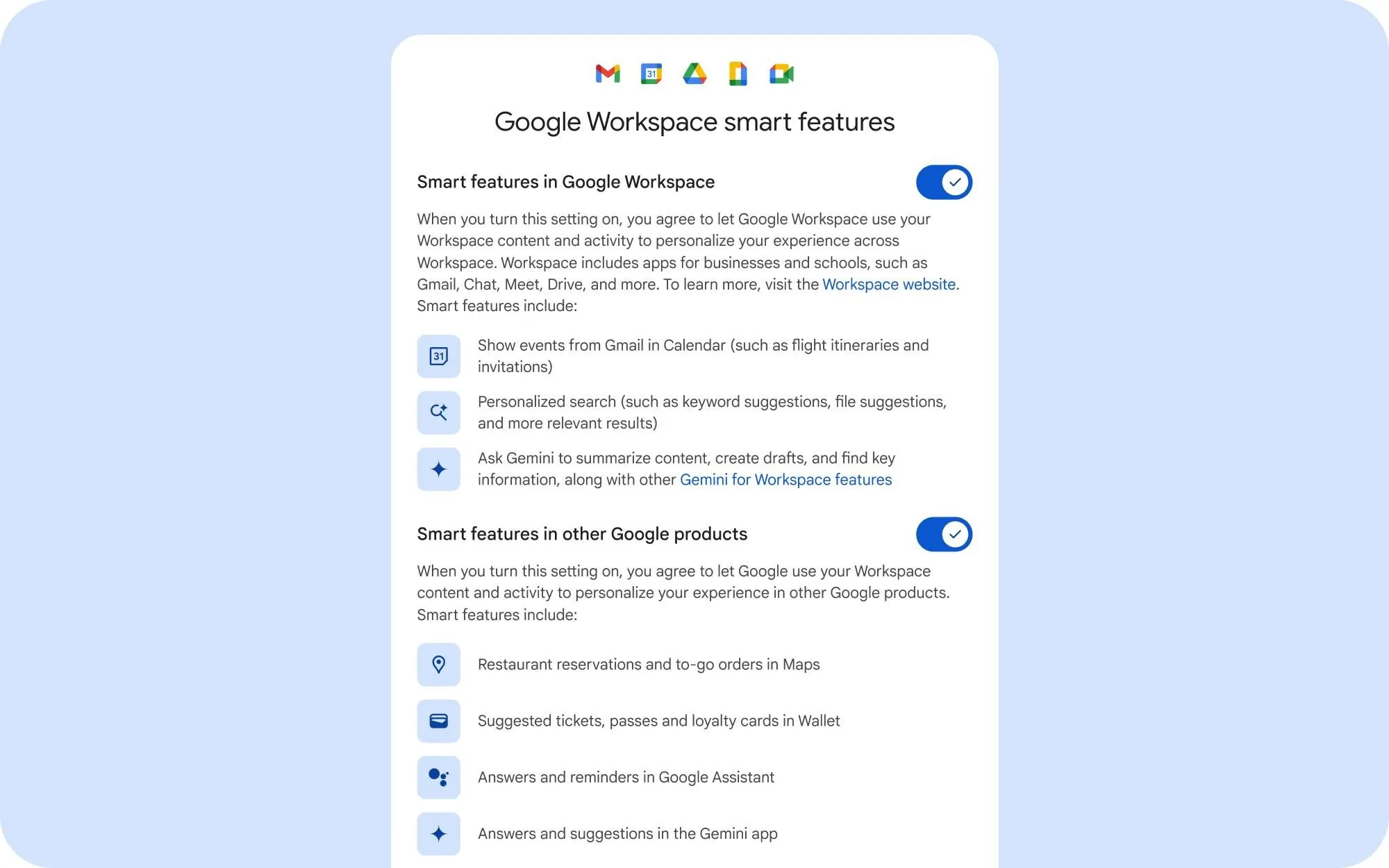 Google Workspace smart-features settings with user-controlled choices for how Workspace data is used
