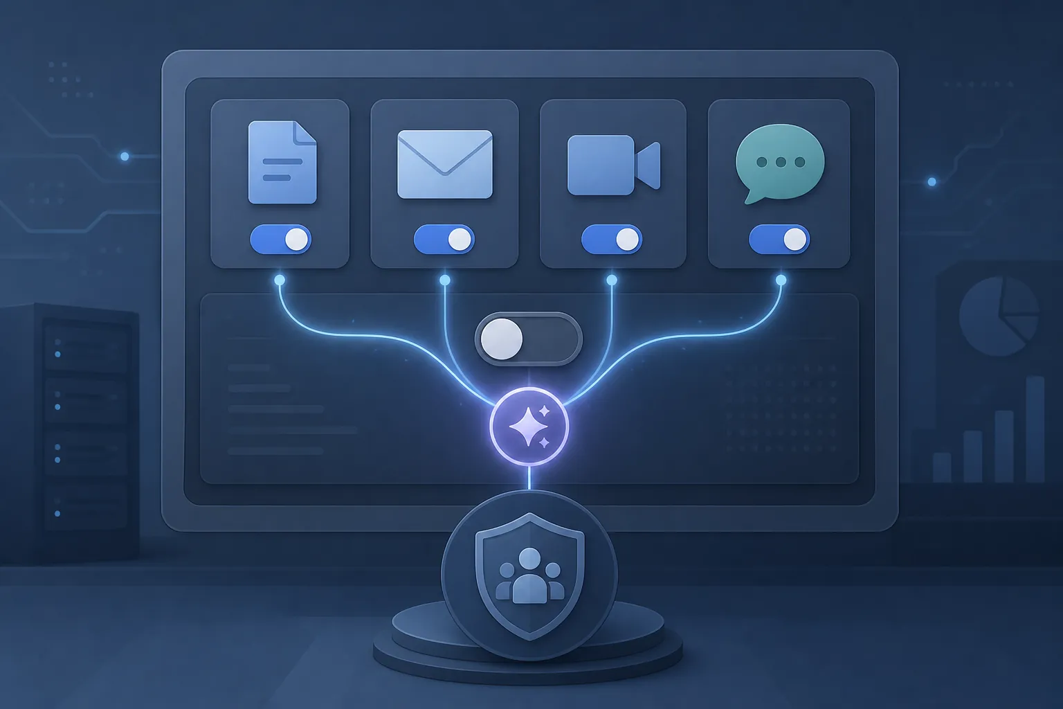Organization shield surrounded by separate document, email, video, and chat controls, with a remaining connection through an AI service