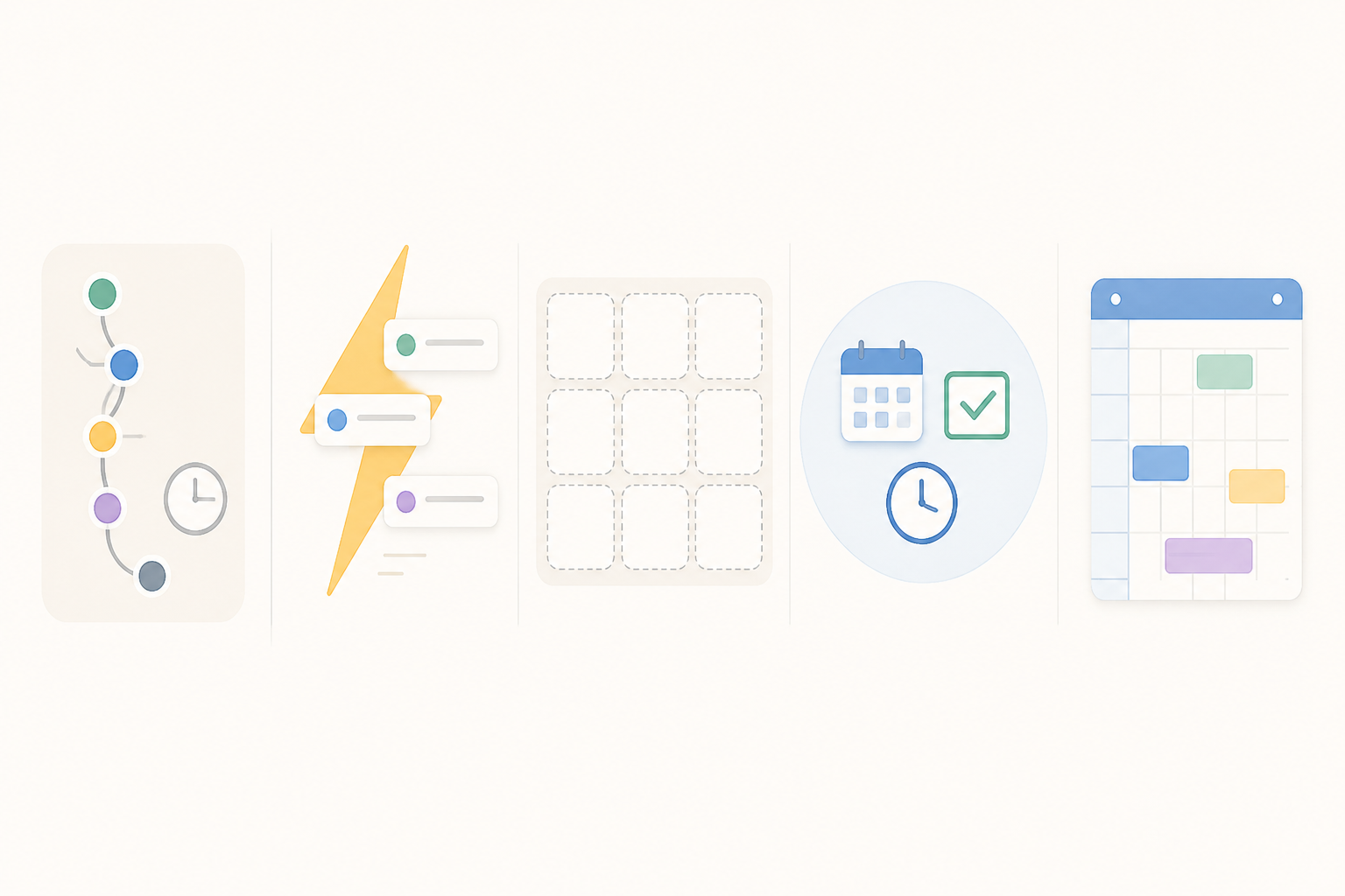 Five daily planning workflow philosophies shown as guided ritual, fast capture, custom system, bundled planner, and calendar-first planning