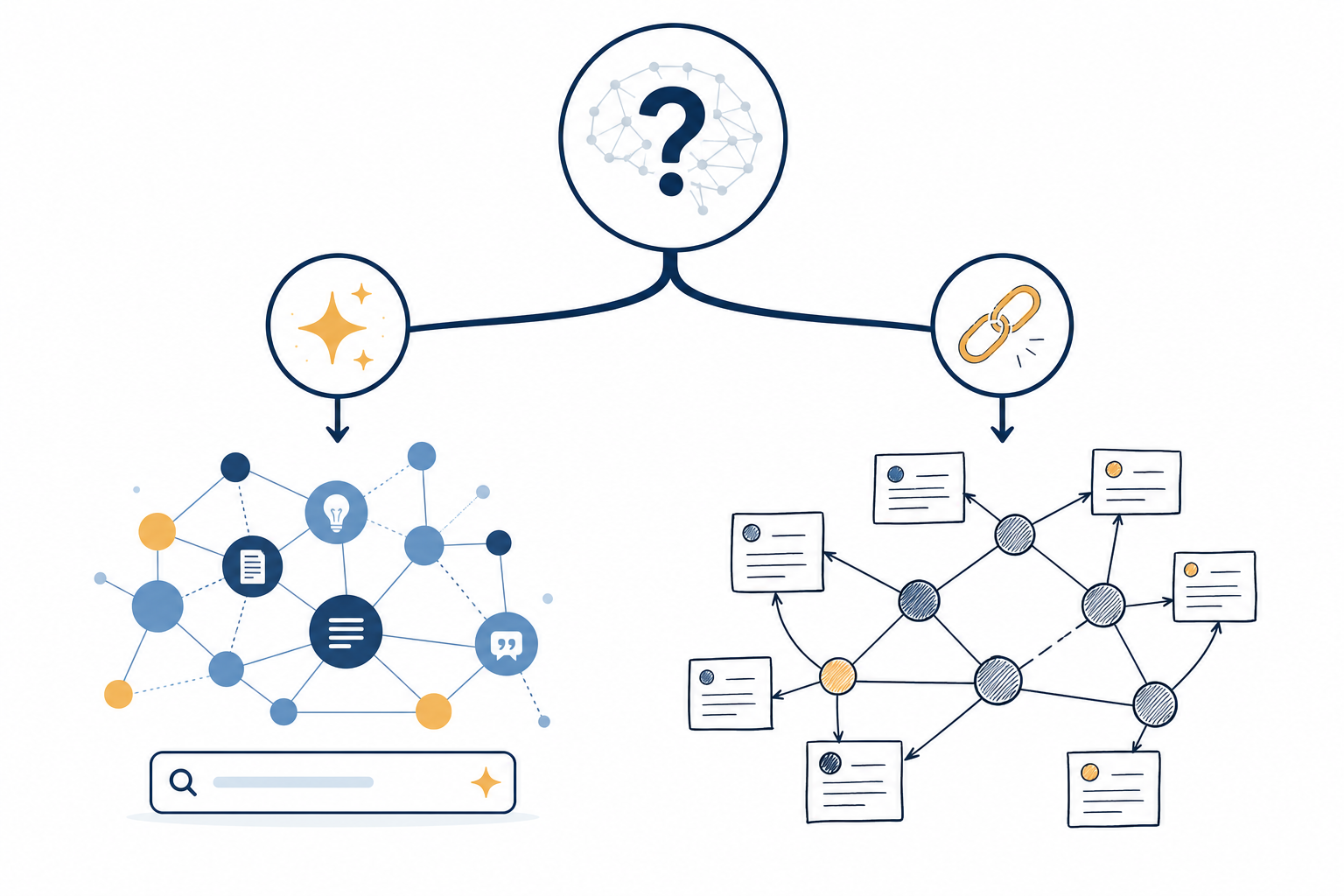 A minimalist editorial illustration of a decision fork: a question mark with a brain network icon at the top splits into two paths, one leading to AI-native PKM and the other to manual graph-based PKM.
