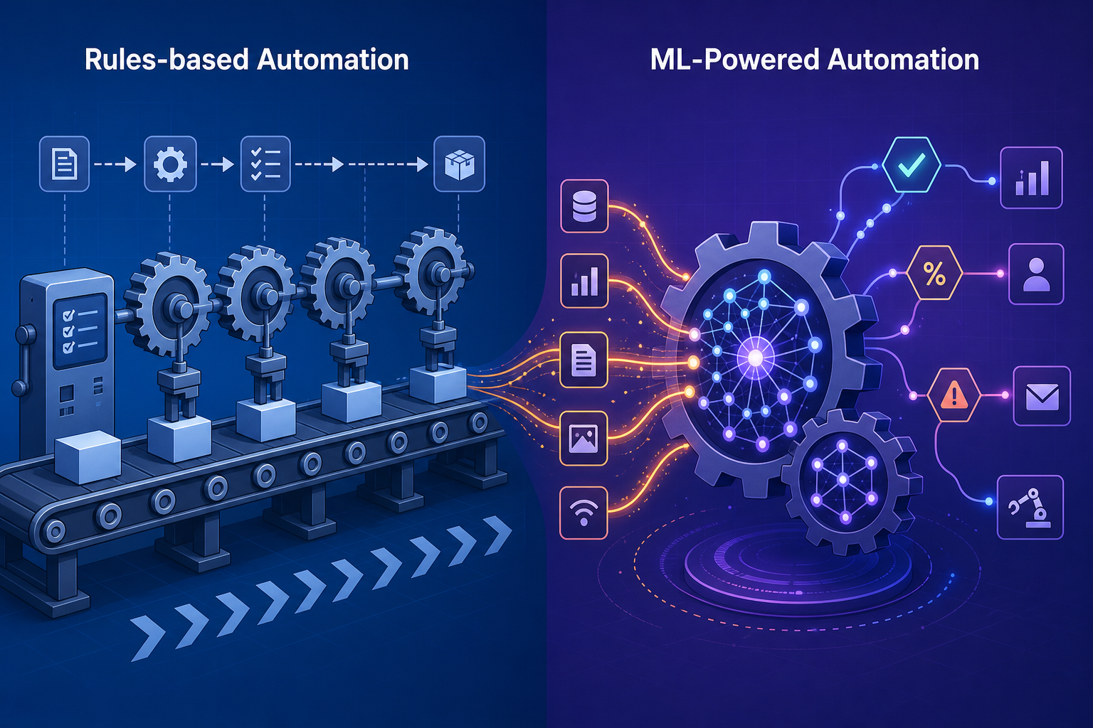 Split infographic contrasting rules-based automation with ML-powered automation, showing gears and neural network nodes.