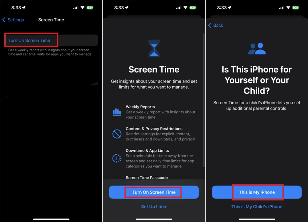 Apple Screen Time settings showing App Limits, Downtime and communication controls