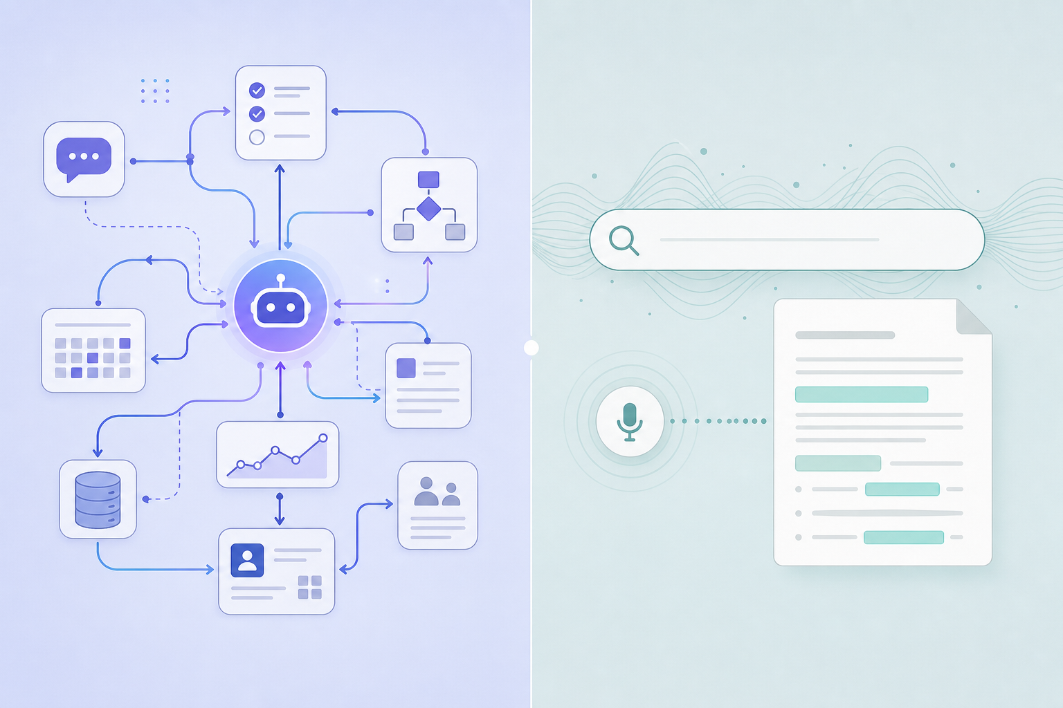 Split illustration contrasting Notion's interconnected AI agent network with Evernote's conversational search bar and semantic retrieval interface