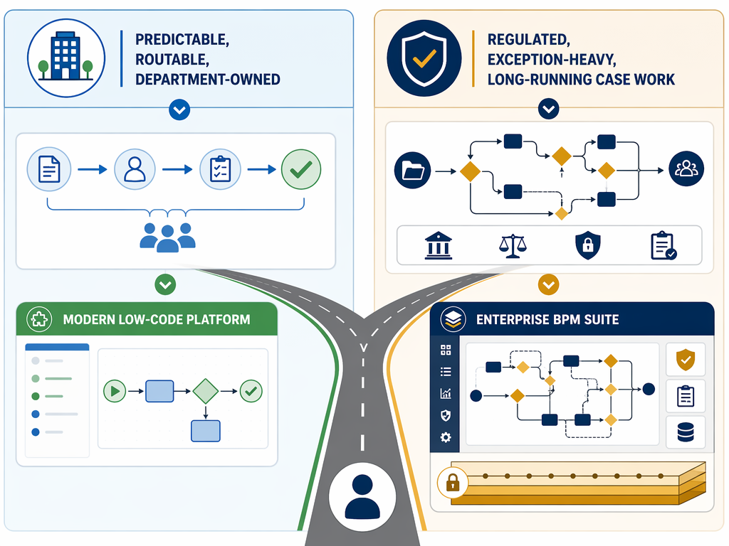 Decision fork between predictable department-owned workflows and regulated exception-heavy case work