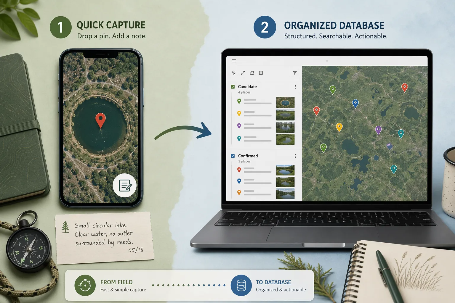 Two-step crater cataloging workflow from quick Saved Places capture to organized My Maps database