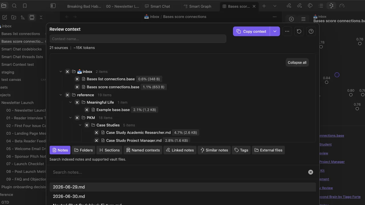 Smart Connections displaying related notes and excerpts beside an Obsidian document