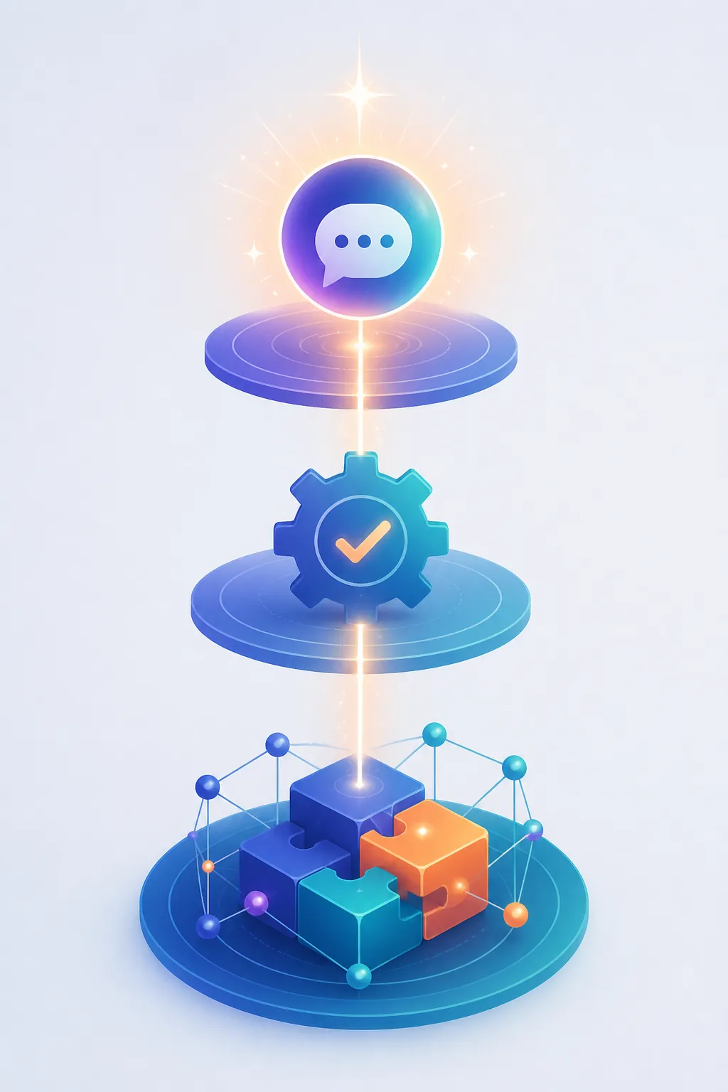 A connected stack showing a personal AI entry point, a task-execution agent, and an enterprise collaboration environment