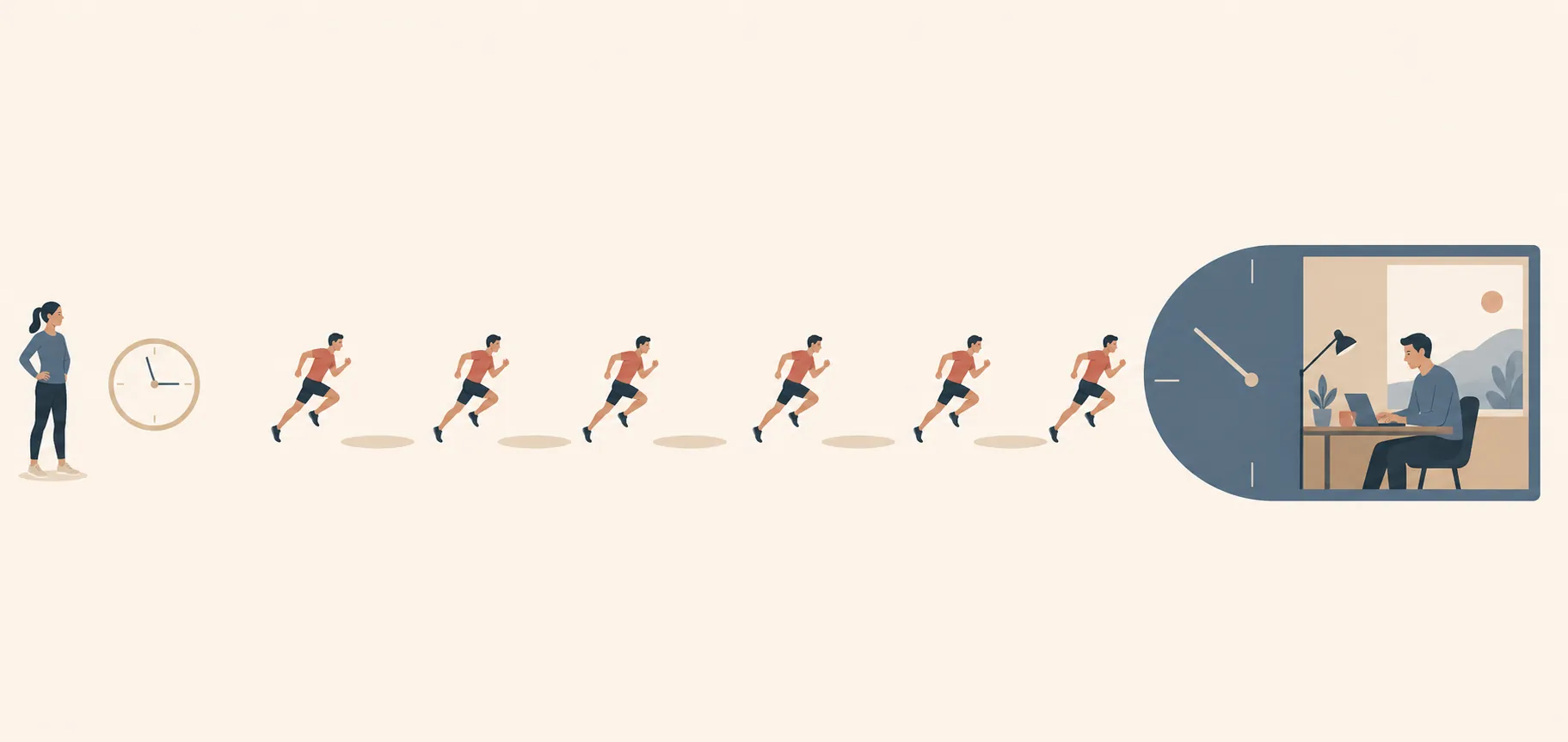Timeline showing warm-up, six sprint intervals with long rest gaps, and a post-exercise focus window at a desk