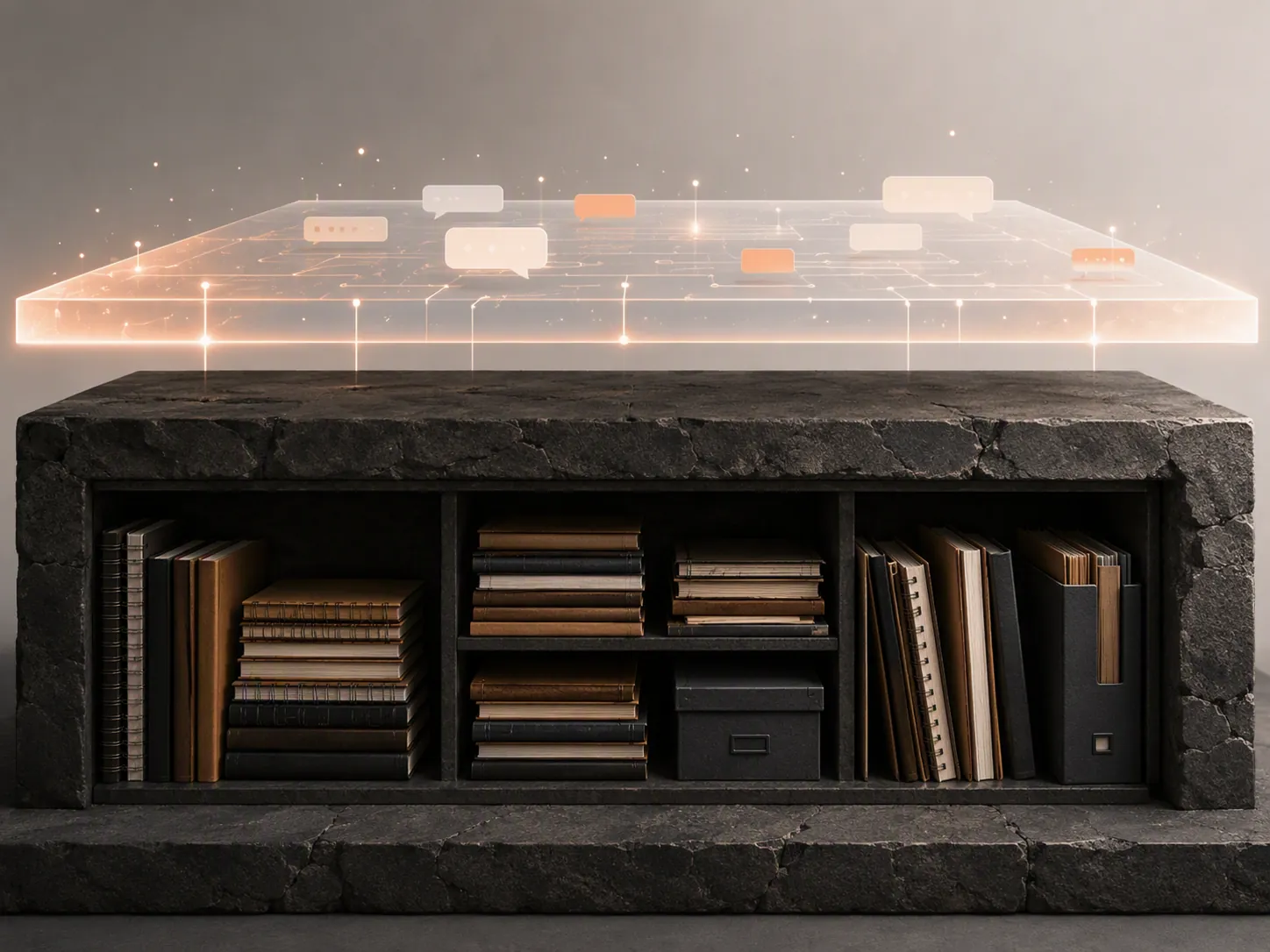Illustration of a glowing AI convenience layer floating above a durable stone note archive
