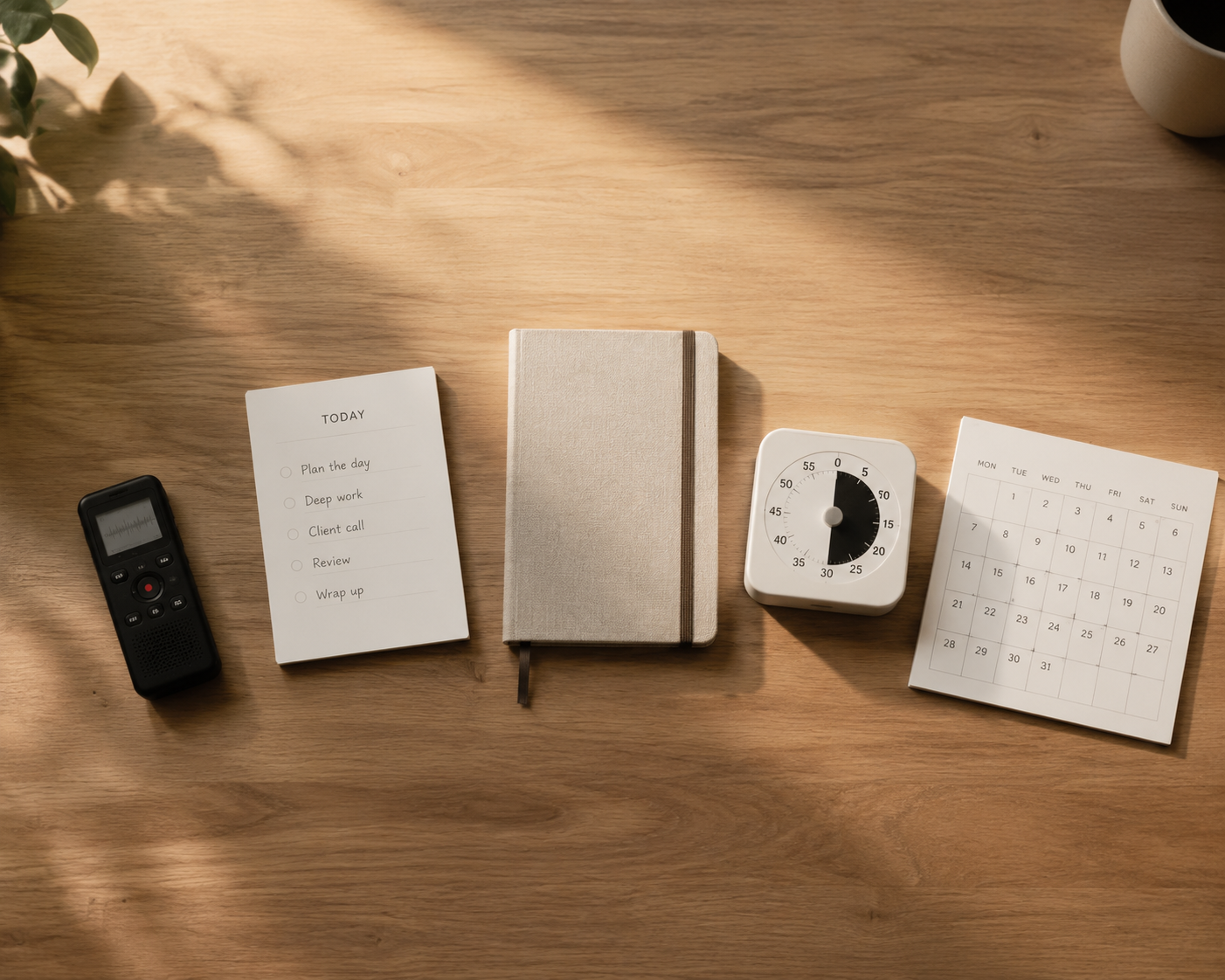 Five minimal productivity tools arranged on a wooden desk