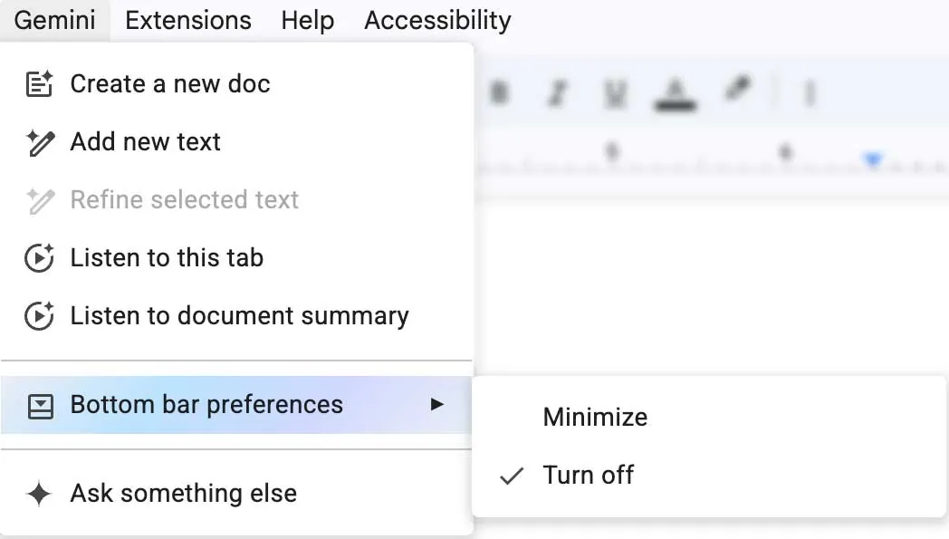 Google Docs screenshot showing the Gemini bottom bar menu with the hide or turn off option highlighted