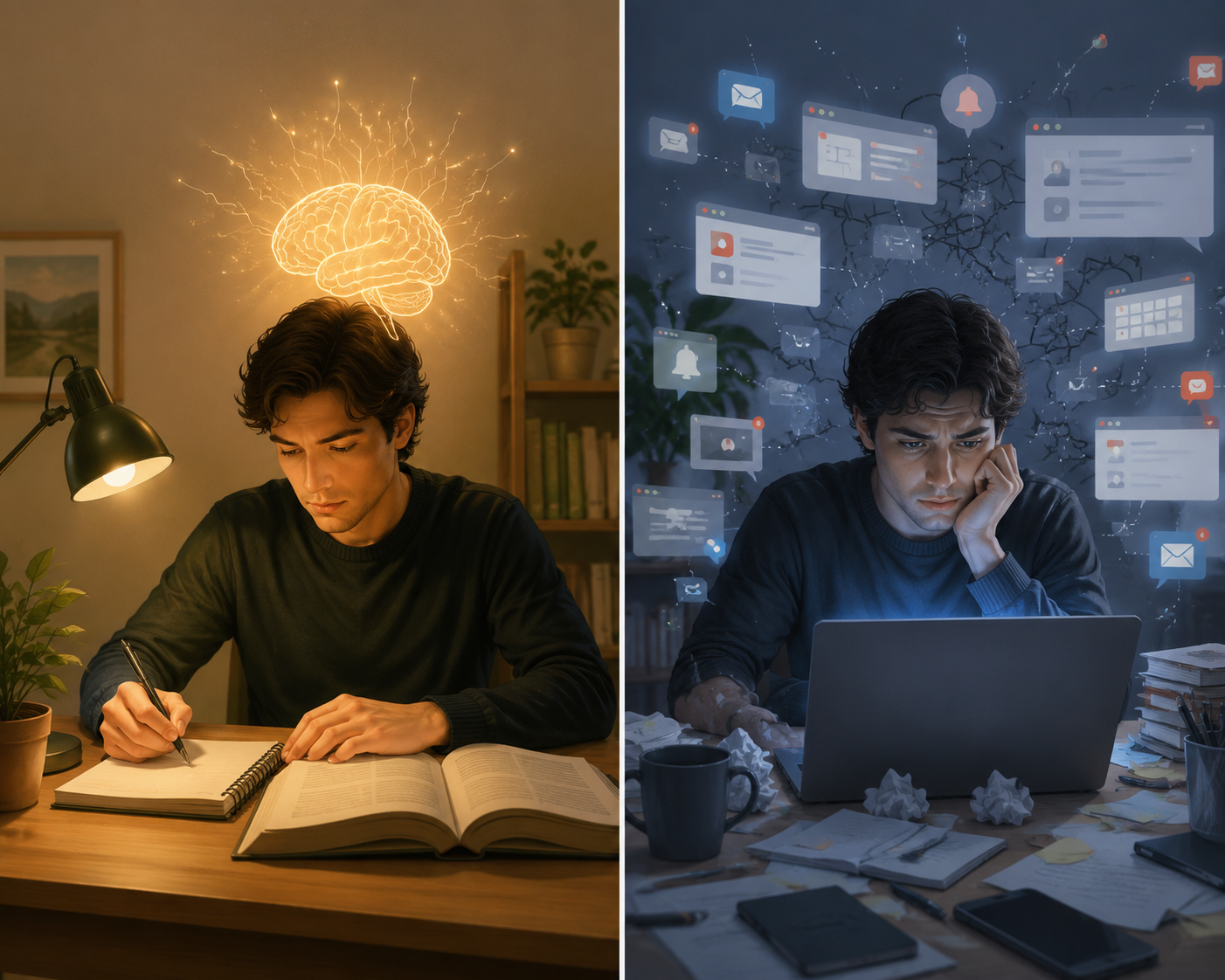 Split scene of a focused knowledge worker on one side and the same worker surrounded by notifications and tabs on the other