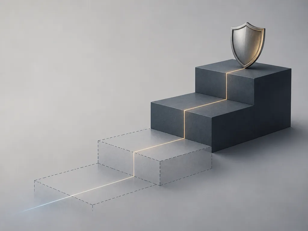 A staged rollout staircase ending with a shield on the highest step