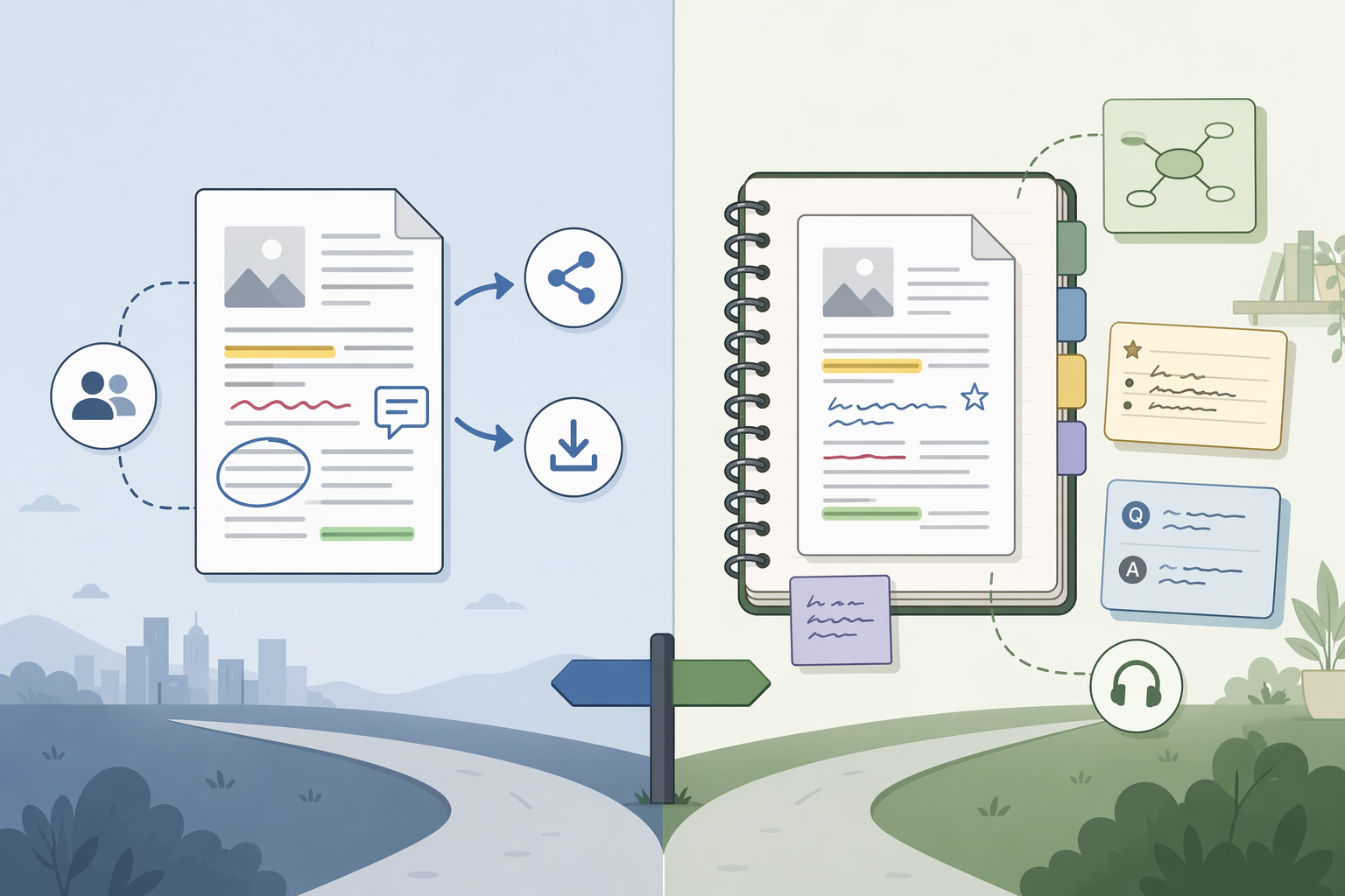 Two PDF note-taking paths, one preserving an annotated PDF for sharing and export and one absorbing the PDF into a notebook with study tools