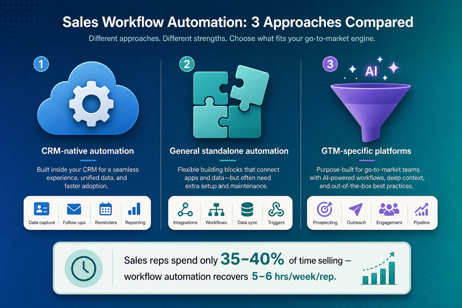 A three-column flat vector comparison infographic showing CRM-native automation, general standalone automation, and GTM-specific platforms with a stat callout at the bottom.
