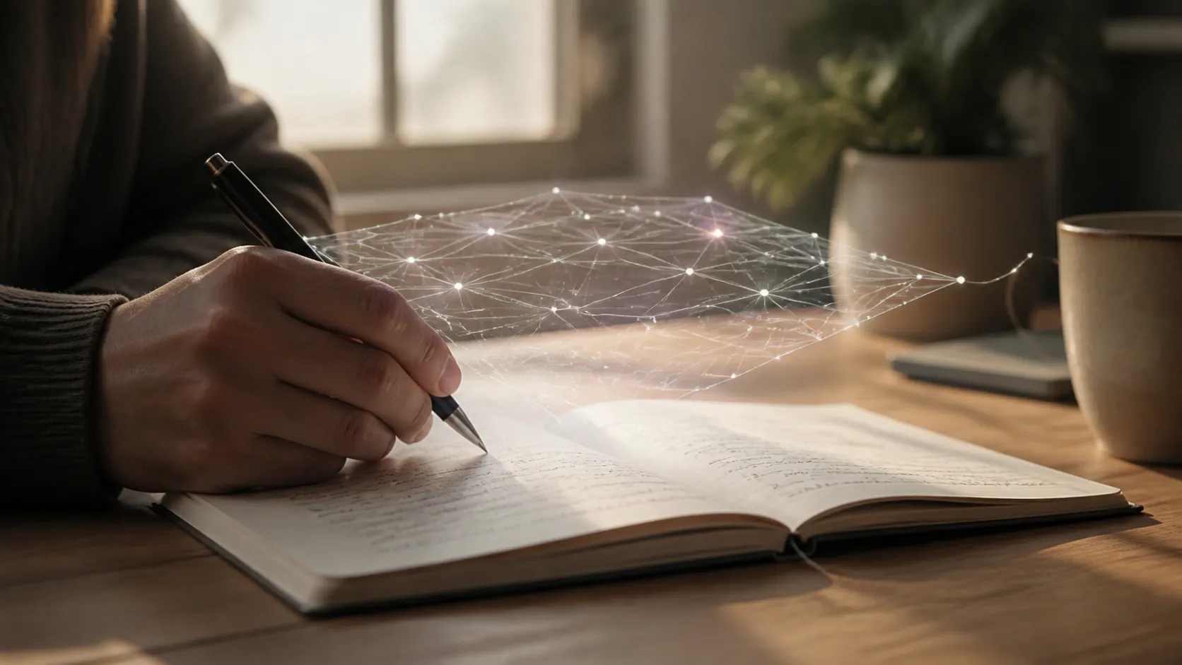 A hand writing in a paper notebook with a separate glowing AI layer above the page