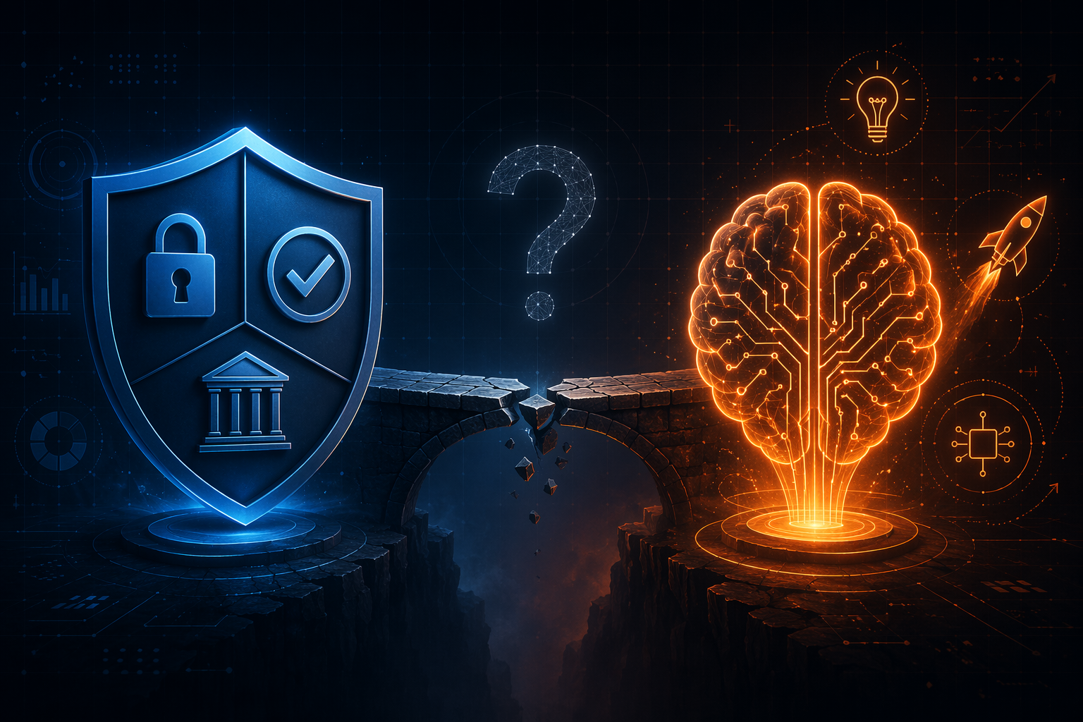 A dark dashboard-style editorial visual with a large blue shield icon on the left featuring regulatory compliance symbols and a glowing orange AI brain icon on the right with innovation symbols, connected by a cracked visual bridge with a faint question mark in the center.