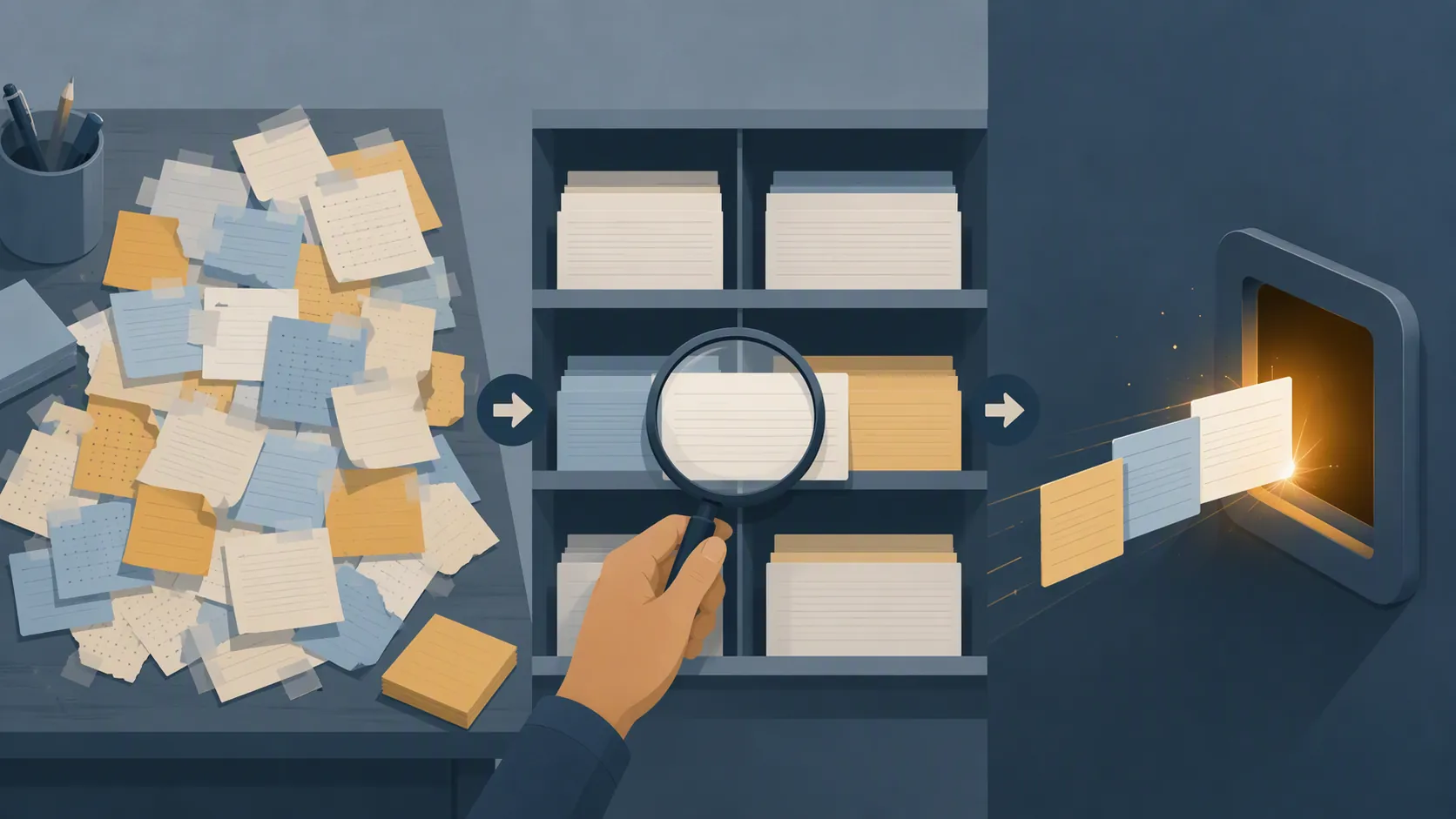 Relevant structured note cards selected from a scattered collection and placed into a context window