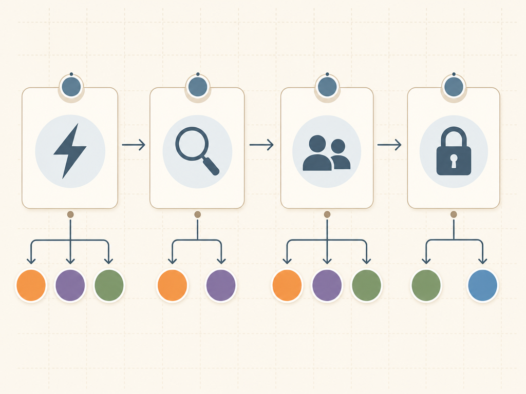 A clean horizontal decision flowchart illustration with four rounded question cards arranged from left to right, each marked with a distinct icon: a lightning bolt, a magnifying glass, two people, and a lock. Below each card, arrow branches lead to small colored circles representing different app categories.