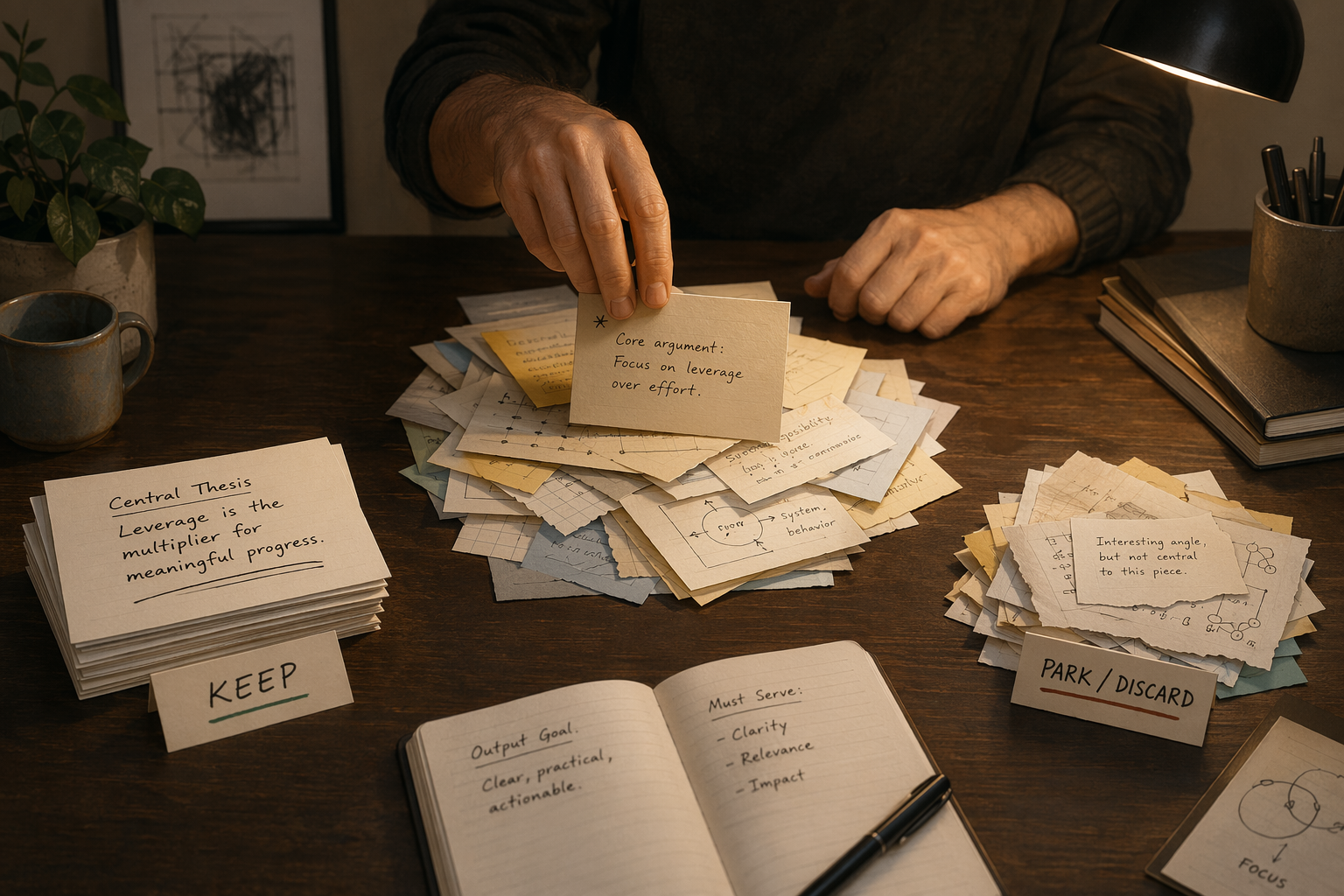 A hand sorting note cards into a smaller keep stack and a larger discard pile during pruning