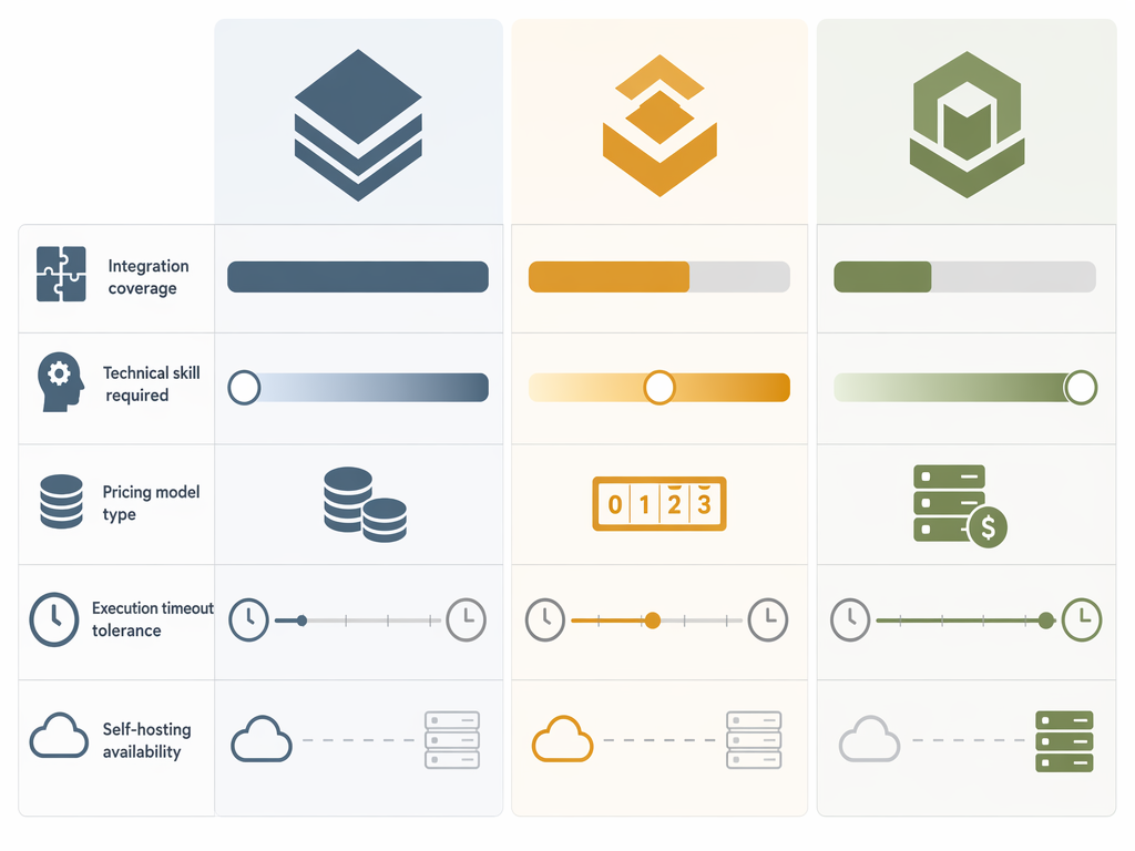 Three-platform comparison showing integration coverage, technical skill, billing model, timeout length, and self-hosting availability