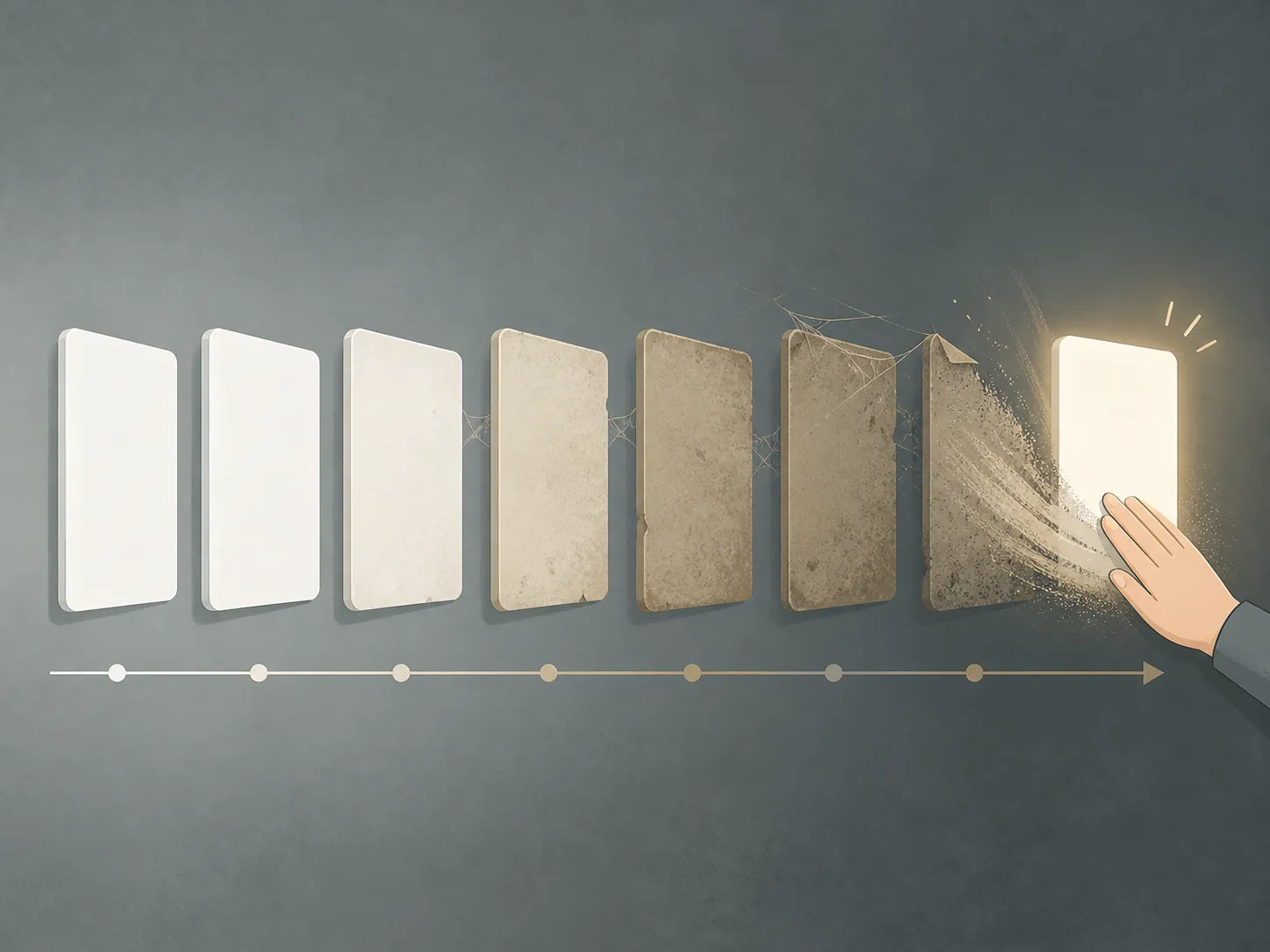 A timeline of note cards fading with age before a maintenance pass refreshes one card