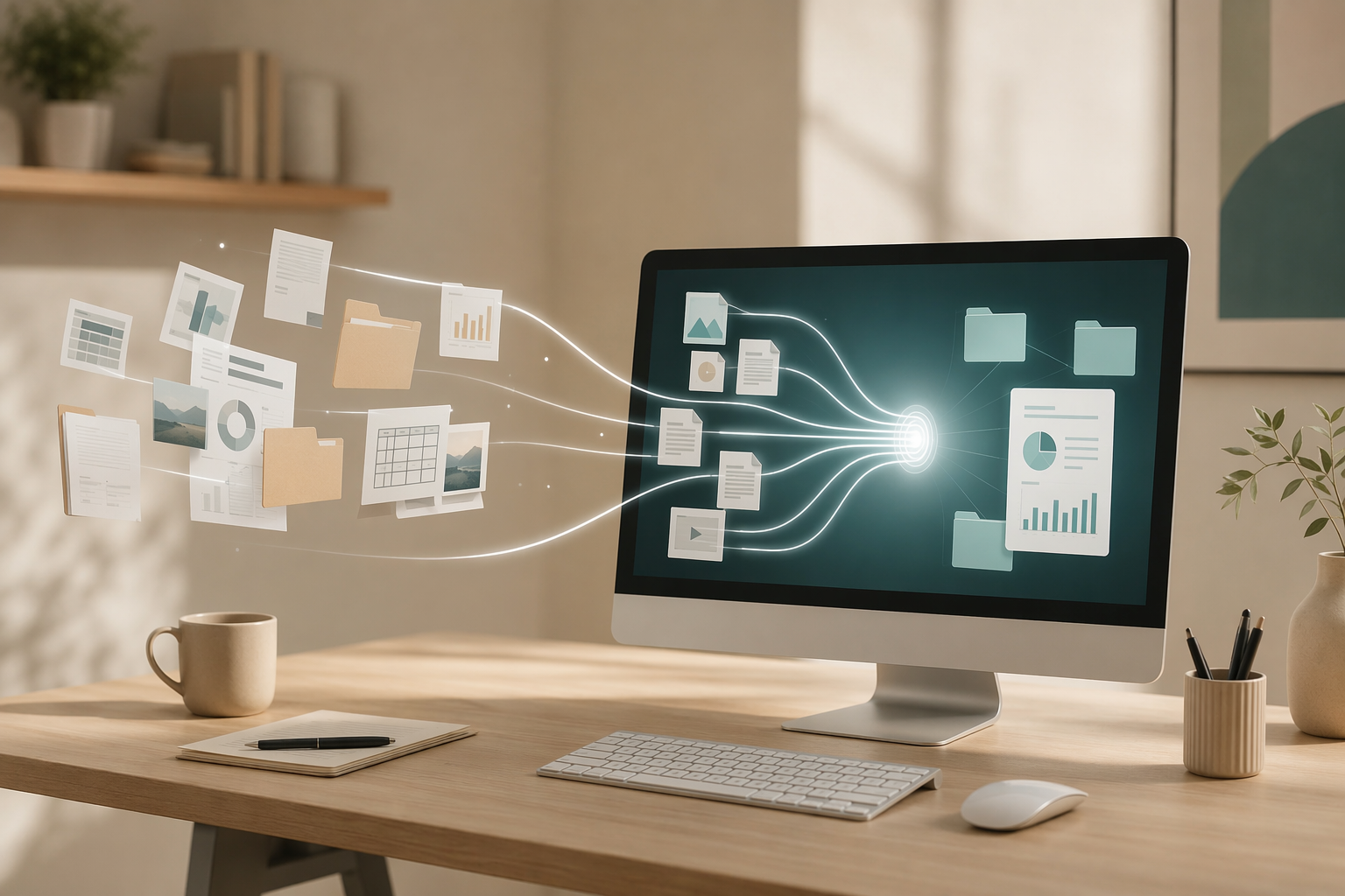 Digital files flowing into organized folders, converted documents, and a report generated from raw data