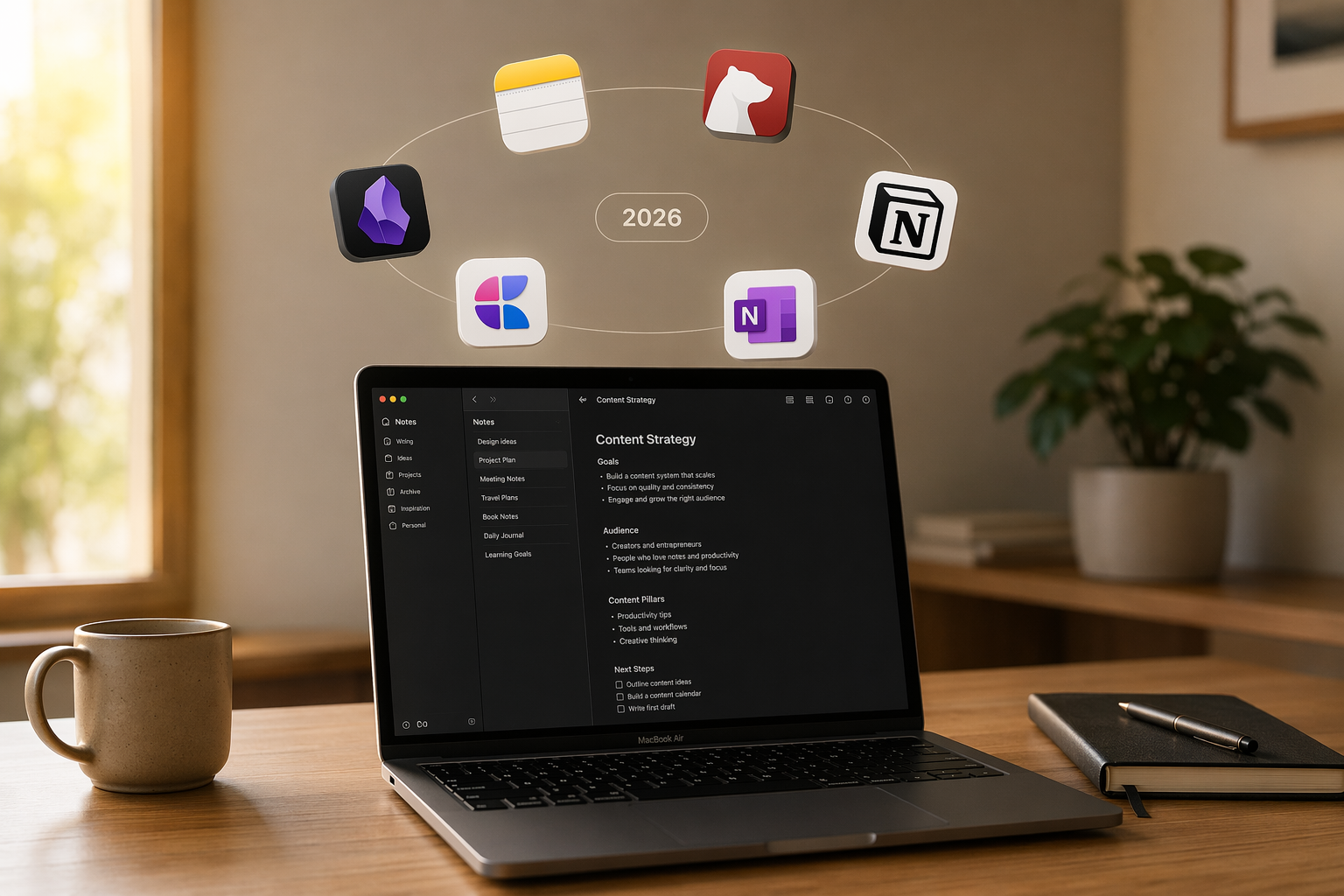 A MacBook on a clean desk with app icons floating above the screen around a central 2026 badge.