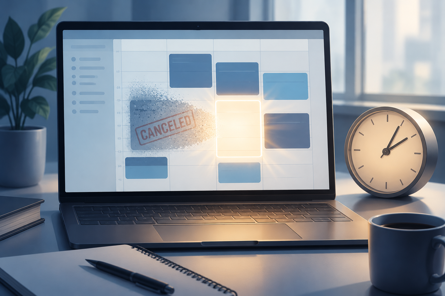 A digital calendar with a meeting block fading away to reveal unexpected free time