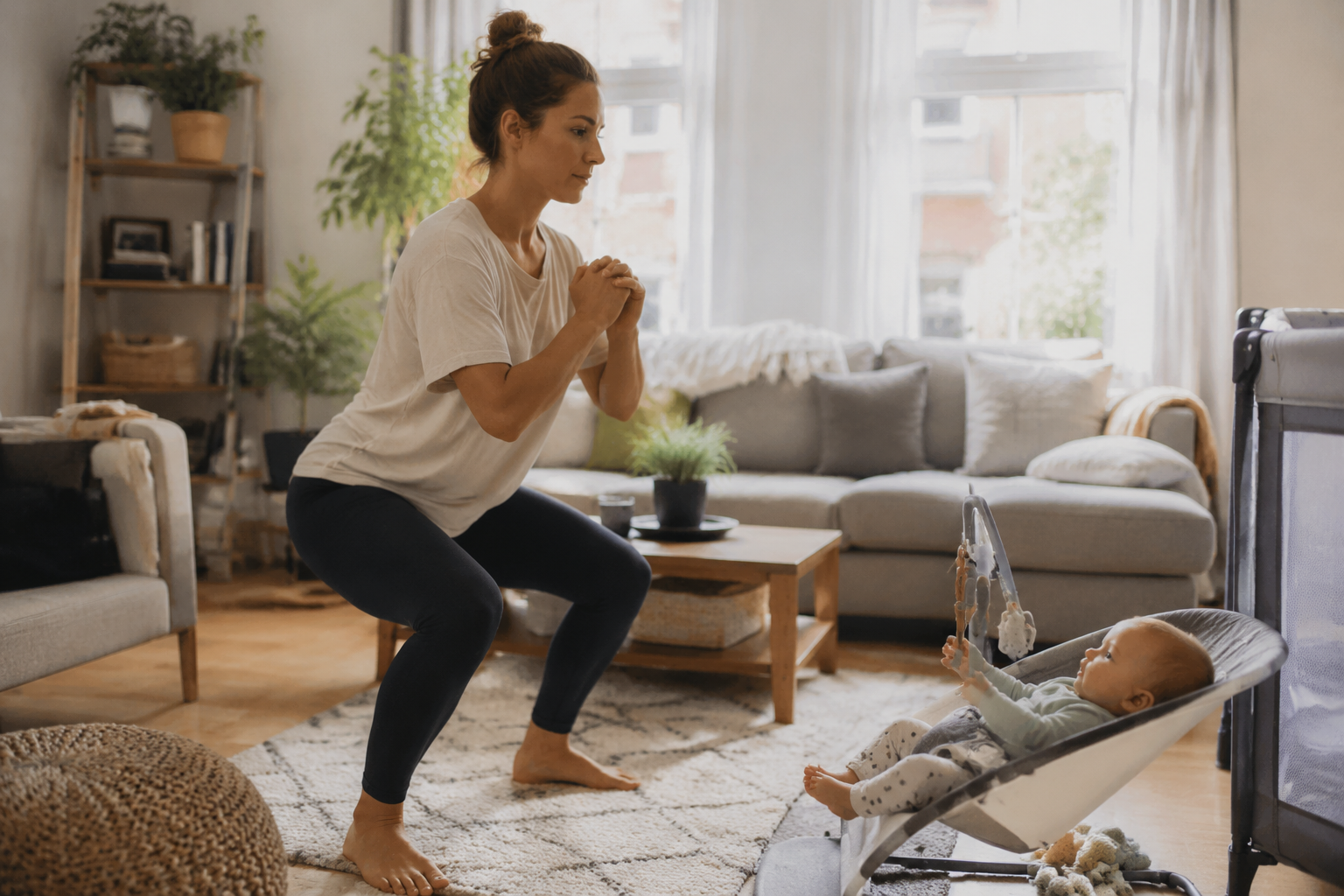 A mother doing gentle movement in a living room while her baby sits nearby