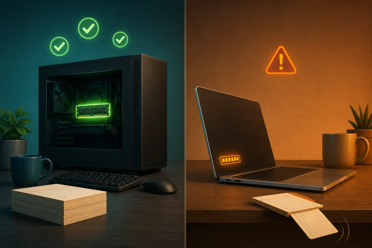 Split comparison showing a capable desktop workstation with a memory module and check marks versus a slim laptop with a warning memory indicator